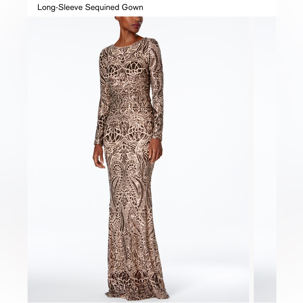 Avery G  Modest Long Sleeve Bodycon Sequin Gold Gown